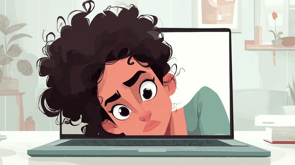 Illustration of a frustrated instructional designer looking out from a laptop screen, representing the limitations and real-world issues like Storyline glitches when running Windows on a Mac with Parallels.