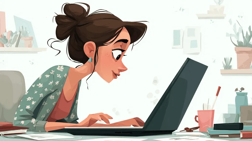 Illustration of a female instructional designer focused on her MacBook Pro, demonstrating how Mac hardware improves the productivity and workflow for freelance eLearning development.
