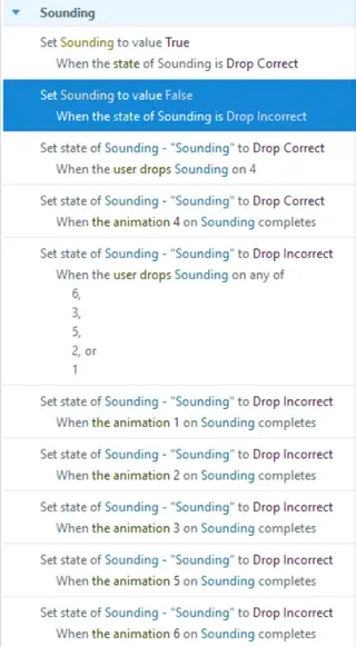 Close-up of the Articulate Storyline Triggers panel, detailing the True/False variables and conditions used to check if an answer is correct or incorrect.