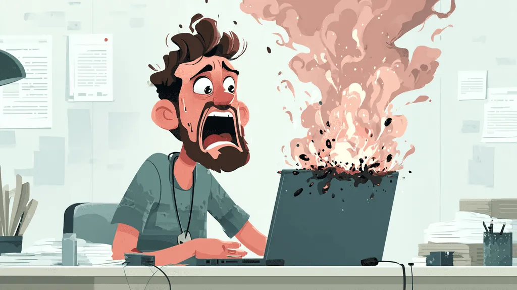 Dramatic illustration of a freelance instructional designer's Windows laptop exploding, symbolizing the critical hardware failure that prompted his switch to a MacBook Pro for his ID business.