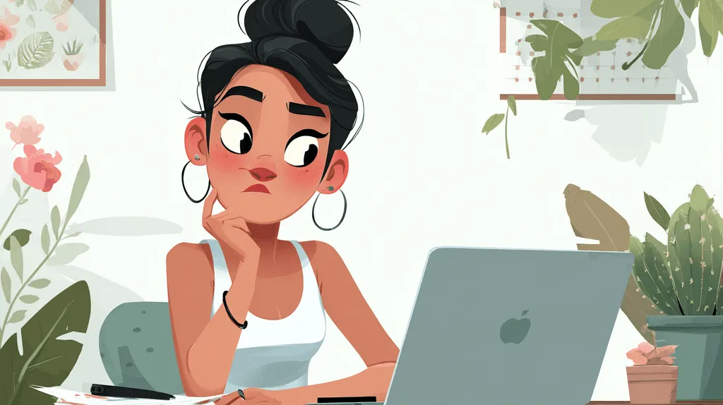 Illustration of a freelance instructional designer thoughtfully considering her switch from Windows to a MacBook Pro, summarizing the final thoughts of the guide on using a Mac for an ID career.