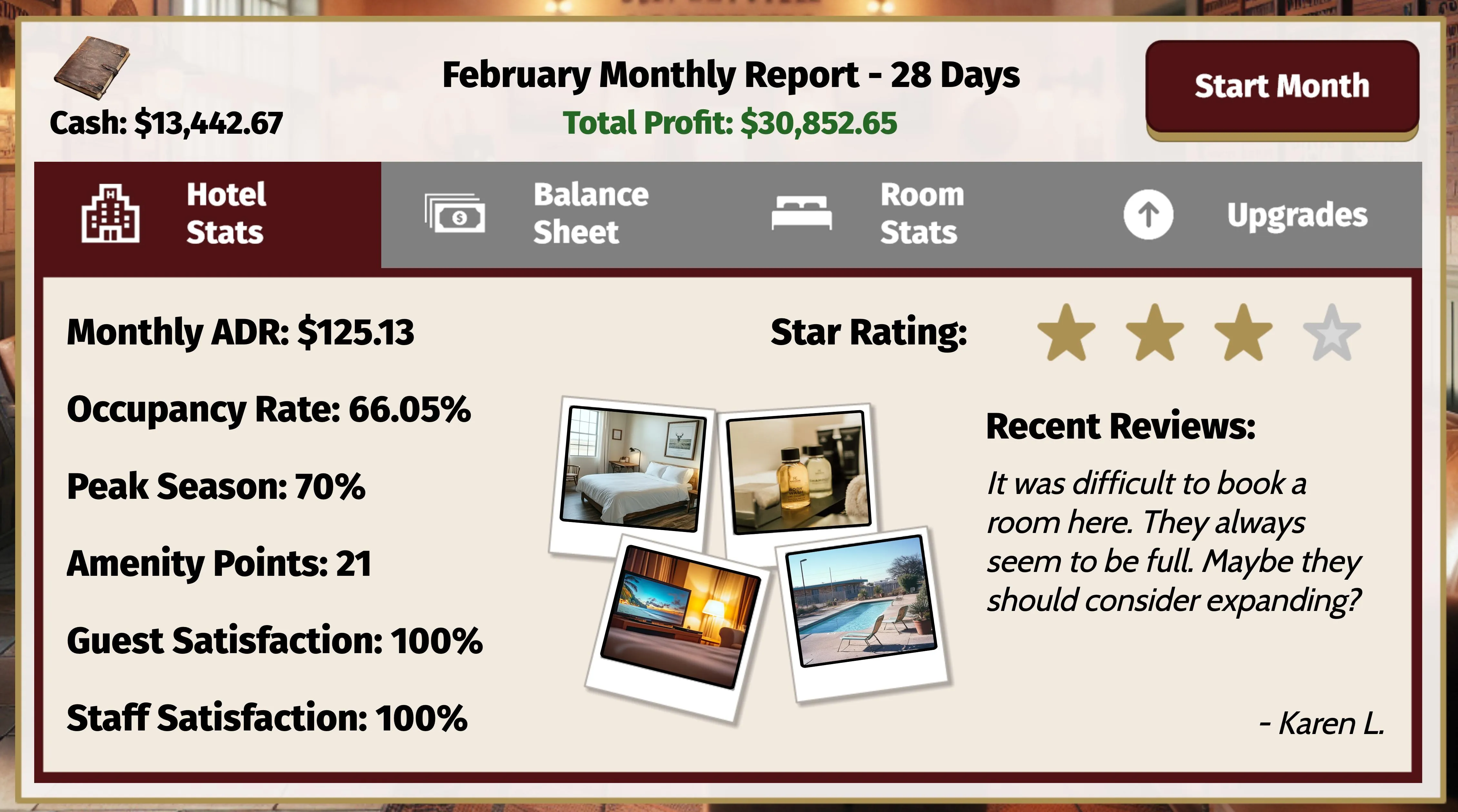 The monthly report screen from a gamified hospitality training course, showing key metrics like ADR, occupancy rate, and guest satisfaction.