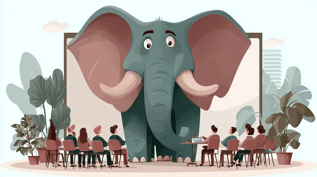 An illustration of an elephant in the room, symbolizing the challenge of using Windows-only eLearning authoring tools like Articulate Storyline and iSpring Suite on a Mac for instructional design.