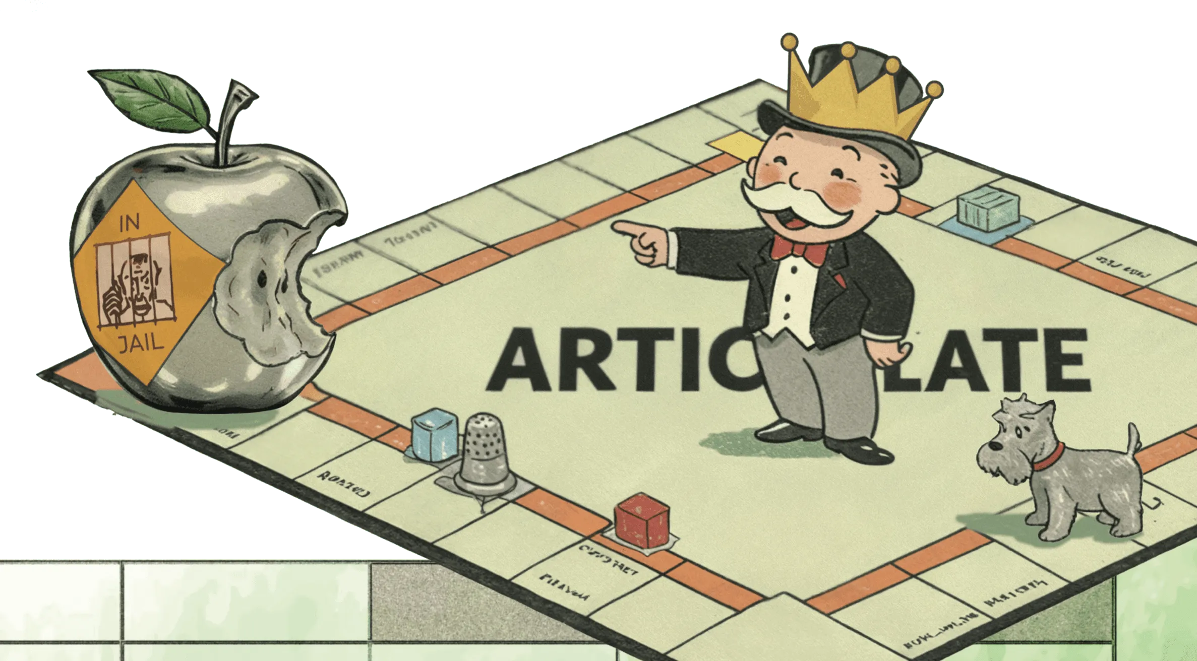Satirical illustration of the Monopoly Man in a crown standing on a Monopoly board labeled ARTICULATE, with a silver bitten Apple logo locked in the board's Jail corner, depicting Articulate's monopoly over the e-learning authoring market.