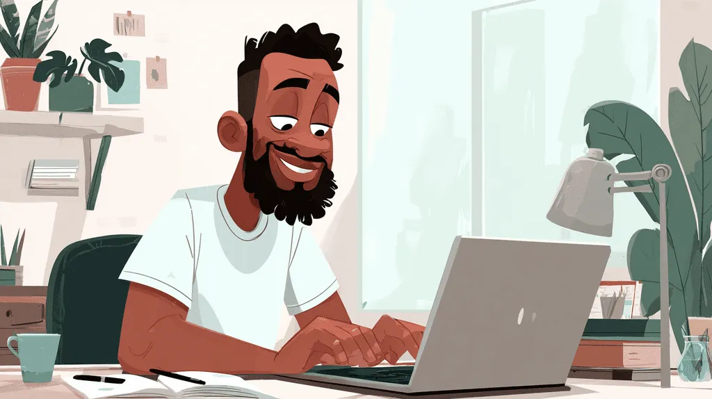 Illustration of a happy and productive freelance instructional designer using Mac tools and software like Espanso and Karabiner to supercharge his eLearning workflow on a MacBook.