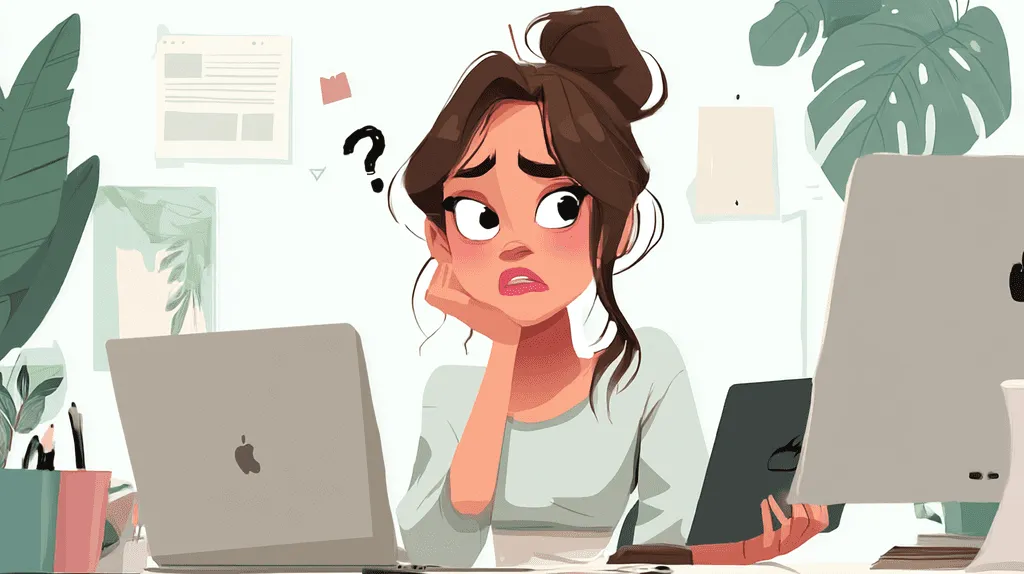 Illustration of a confused instructional designer trying to decide which Mac to get for her freelance work, comparing a MacBook Pro, MacBook Air, and other Apple hardware options.