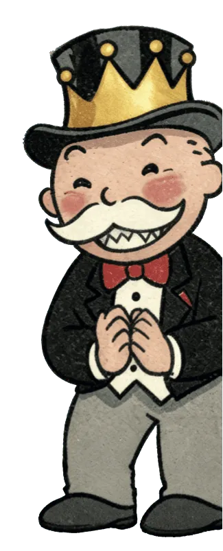 The Monopoly Man in a top hat and crown, the mascot of Articulate's monopoly over the eLearning authoring market.